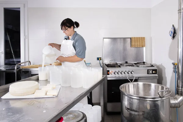 Cheesemaker vierte la leche cuajada en las formas plásticas —  Fotos de Stock