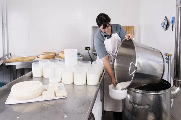 Kaasmaker giet de gekruld melk in de plastic vormen — Stockfoto