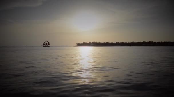 Kaunis Iltanäkymä Rannalta Rauhallisella Merellä Auringonlasku Pieni Purjevene Punaisilla Purjeilla — kuvapankkivideo