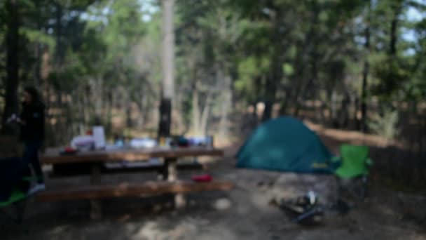 Widok Kilka Podróżnych Zbadać Campingu Pobliżu Namiotu Ognisko Stół Gotowanie — Wideo stockowe