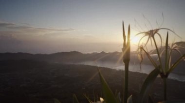 Sabahın erken saatlerinde dağ çiçeğine düşen güneş ışığı ışınları. Göl, alt katta ki köyler, gün doğumu ve bitkiler üzerinde volkanın tepesinden güzel bir manzara. Seyahat hedef Bali, Endonezya