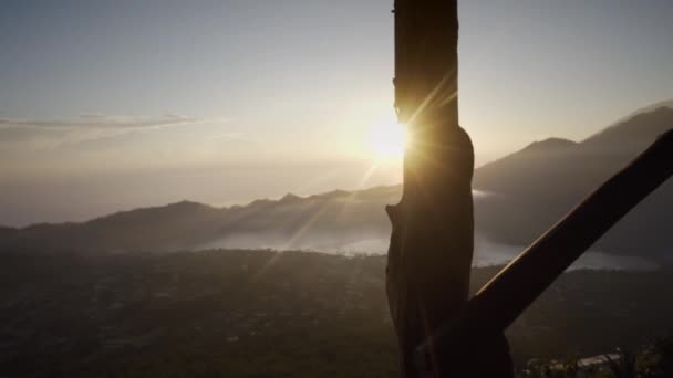 Sunlight Rays Falling Wooden Construction Early Morning Beautiful View Top — Stock Video