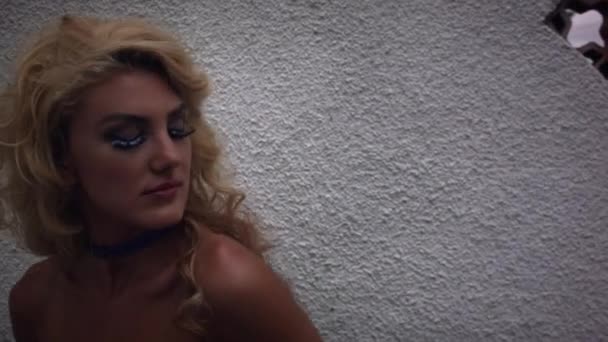 Young Elegant Woman Blonde Curly Hair Purple Dress Posing Turning