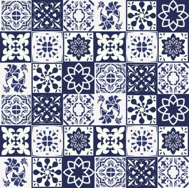 Mavi Portekizce desen - Azulejos vektör, moda dekorasyon fayans karoları 