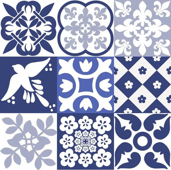 Azul Padrão Azulejos Portugueses Vetor Azulejos Azulejos Design Interiores Moda — Vetor de Stock