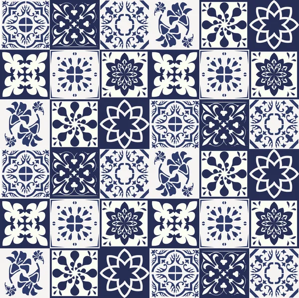 Blue Portuguese Tiles Pattern Azulejos Vector Fashion Interior Design Tiles — Stock Vector