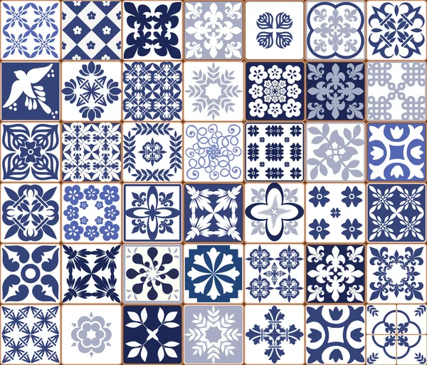 Blue Portuguese Tiles Pattern Azulejos Vector Fashion Interior Design Tiles — Stock Vector