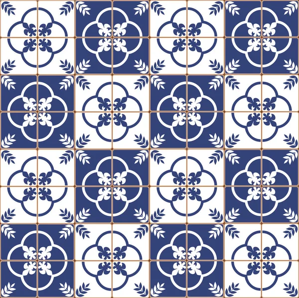 Portugalski Niebieski Płytki Wzór Wektor Azulejos Mody Projektowanie Wnętrz Płytki — Wektor stockowy