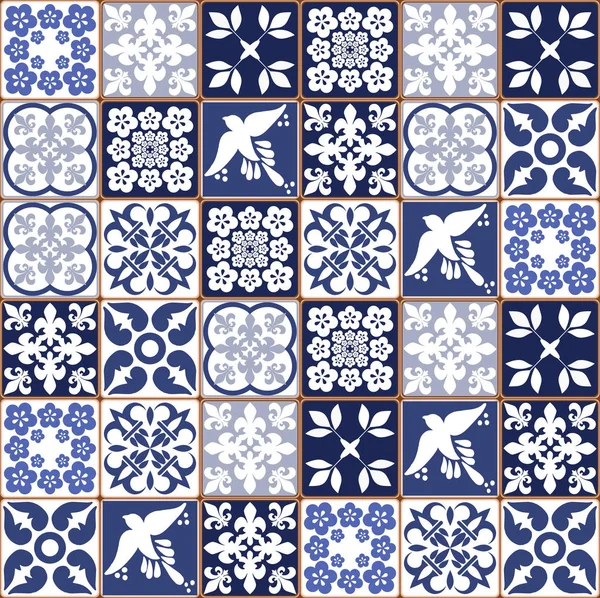 Azul Padrão Azulejos Portugueses Vetor Azulejos Azulejos Design Interiores Moda — Vetor de Stock