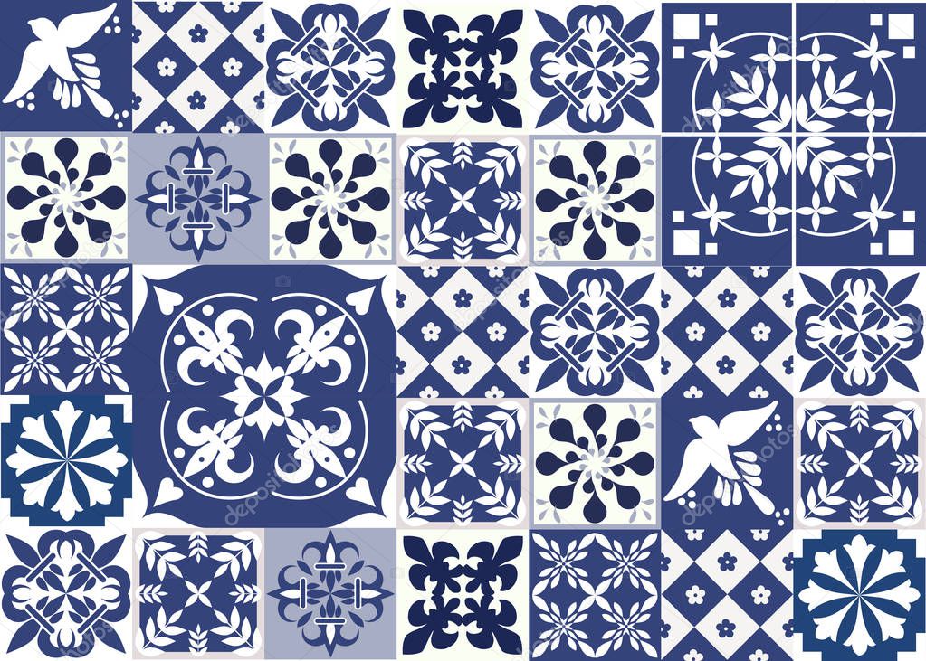 Blue Portuguese tiles pattern - Azulejos vector, fashion interior design tiles 