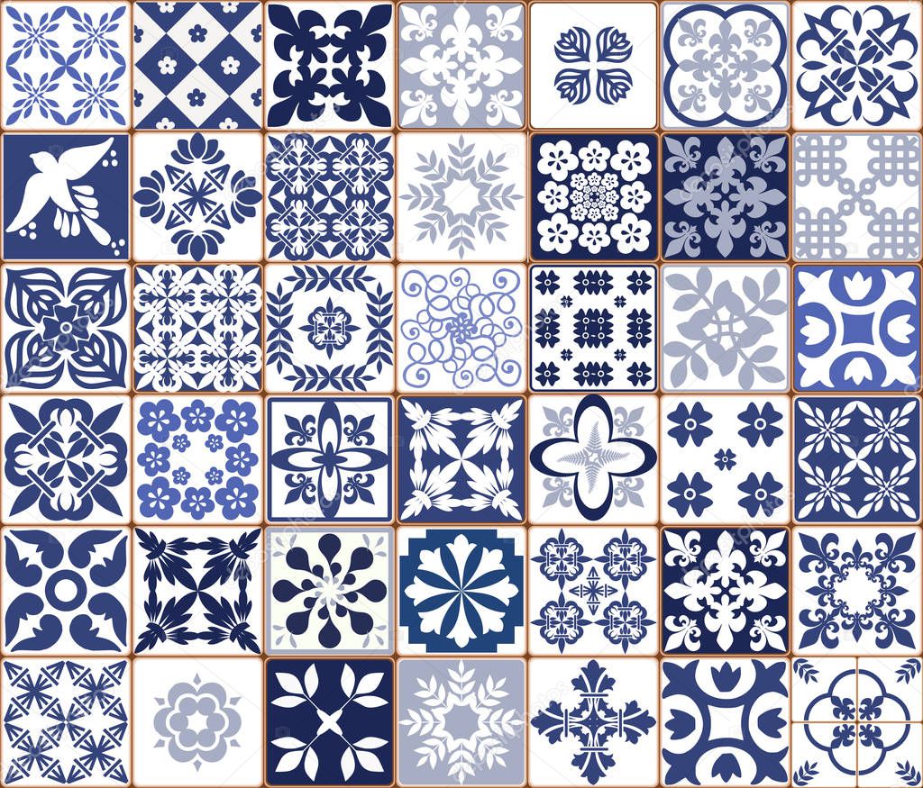 Blue Portuguese tiles pattern - Azulejos vector, fashion interior design tiles 