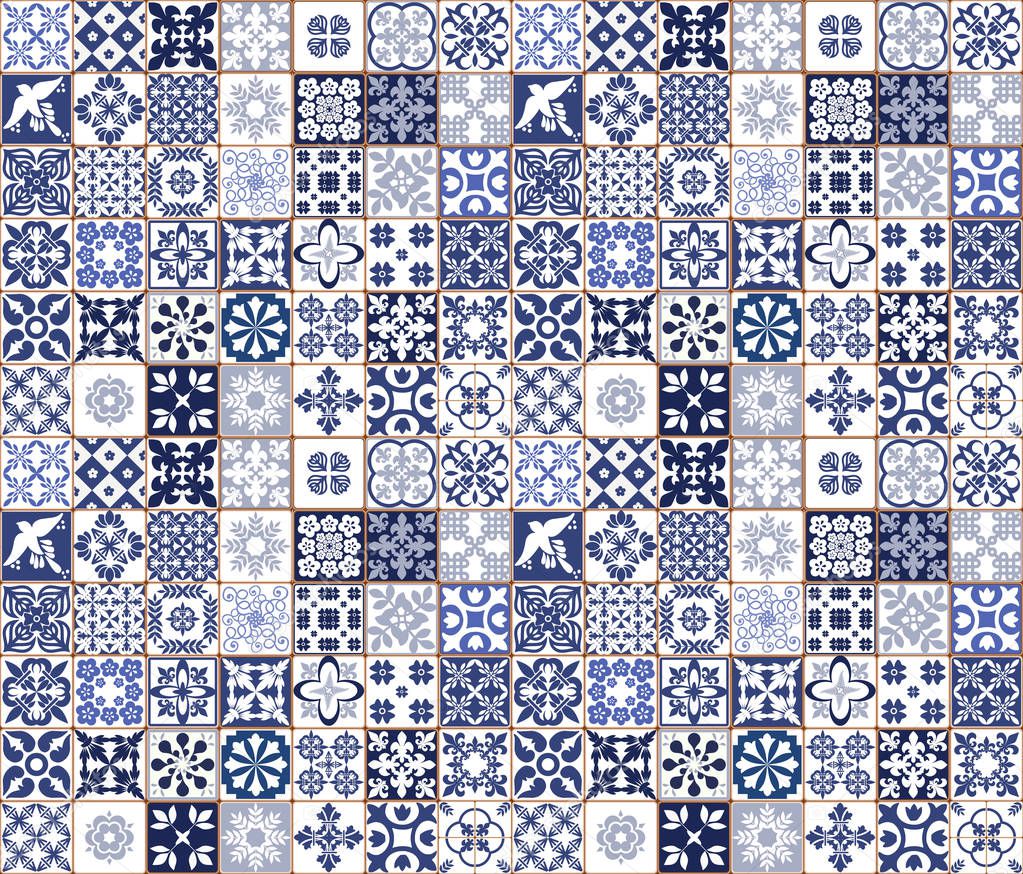 Blue Portuguese tiles pattern - Azulejos vector, fashion interior design tiles 