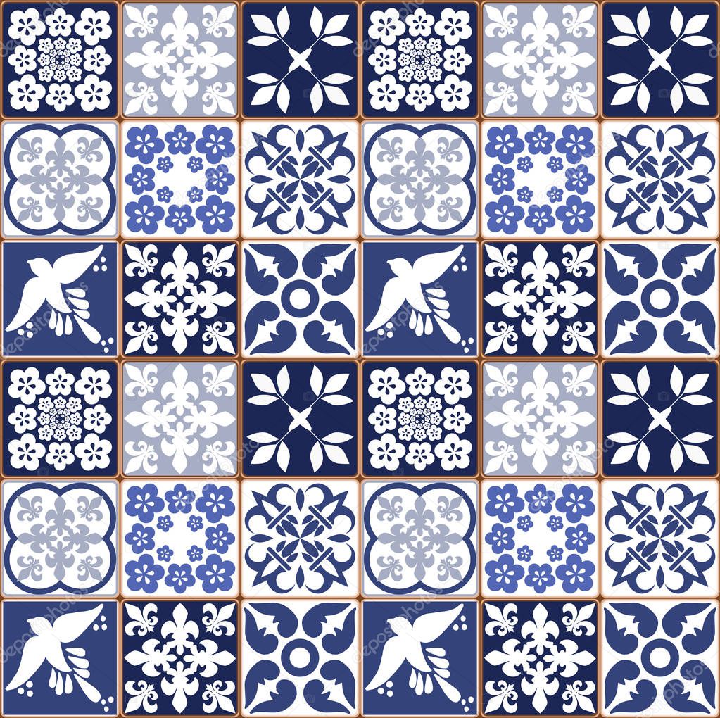 Blue Portuguese tiles pattern - Azulejos vector, fashion interior design tiles 