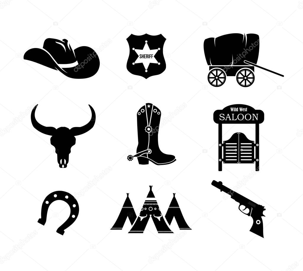 Cowboy, western, wild west icon set vector