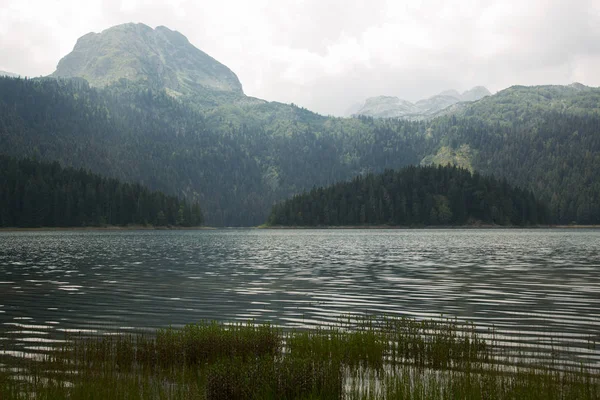 Panoramablick auf den schwarzen See (crno jezero) mit wunderschönen Bergen im Hintergrund. Erstaunliche Landschaft. ruhiger See und majestätische Berge. crno jezero, montenegro. — Stockfoto