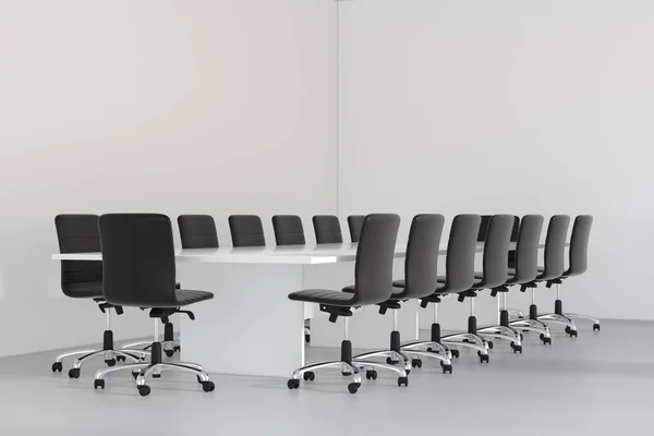 Empty white large meeting room with leather chairs and a table. 3d rendering