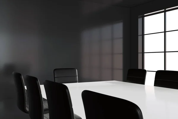 Office meeting room with black walls, floor, long white table with chairs. 3d rendering