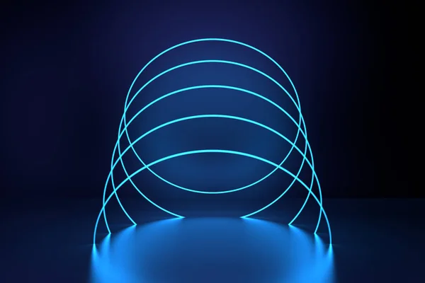 Glowing lines, neon lights, virtual reality, abstract background, circles portal, arch, pink blue spectrum vibrant colors, laser show. 3d rendering.