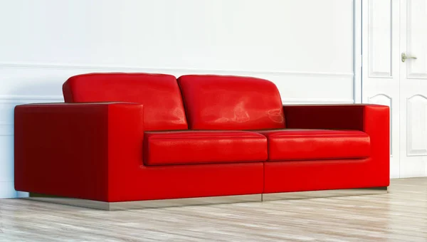 Red leather luxury sofa in white room.