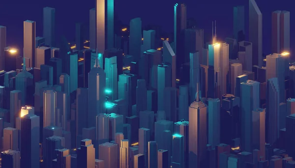 3d rendering digital abstract city. City building forms with reflections, shadows and random elements