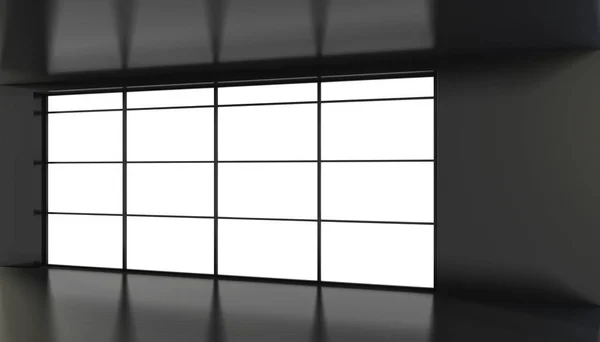 Empty black room with large stained glass windows. 3D rendering