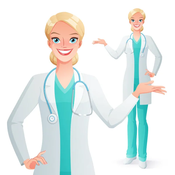 Lachende arts presenteren. Vrouw in medcal uniform. Geïsoleerde vectorillustratie. — Stockvector