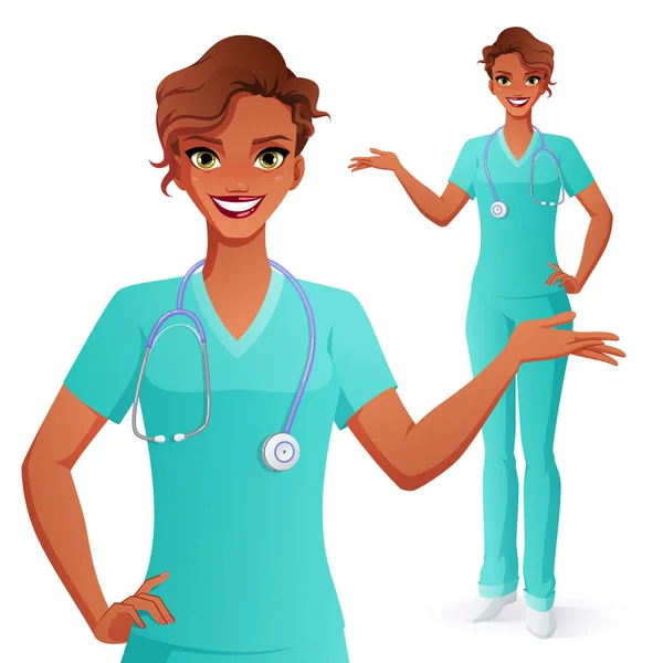 Presenta un medico sorridente. Donna in uniforme medica. Illustrazione del vettore isolato . — Vettoriale Stock