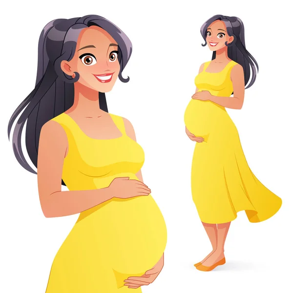 Linda asiática sorrindo mulher grávida. Ilustração vetorial isolada de comprimento total . —  Vetores de Stock