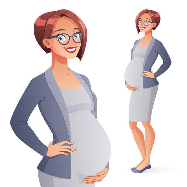 Schön lächelnde schwangere Geschäftsfrau. Isolierte Vektordarstellung in voller Länge. — Stockvektor