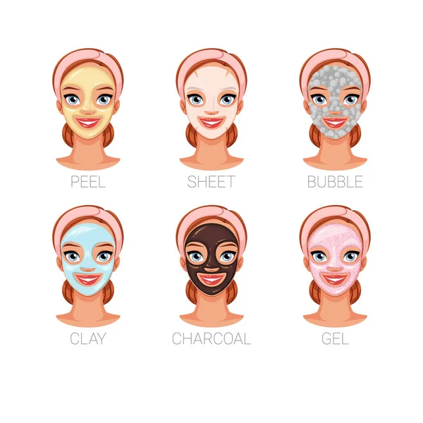 Mulher com máscaras cosméticas faciais diferentes. Conjunto de ilustrações vetoriais isoladas sobre fundo branco . — Vetor de Stock
