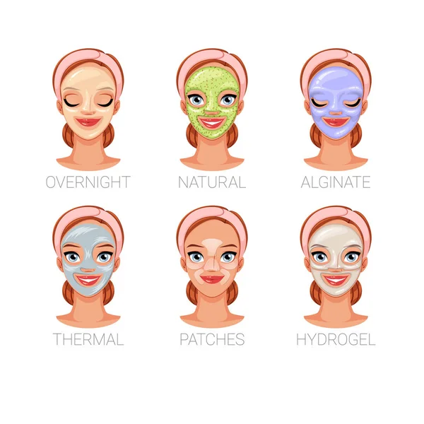 Mulher com máscaras cosméticas faciais diferentes. Conjunto de ilustrações vetoriais isoladas sobre fundo branco . — Vetor de Stock