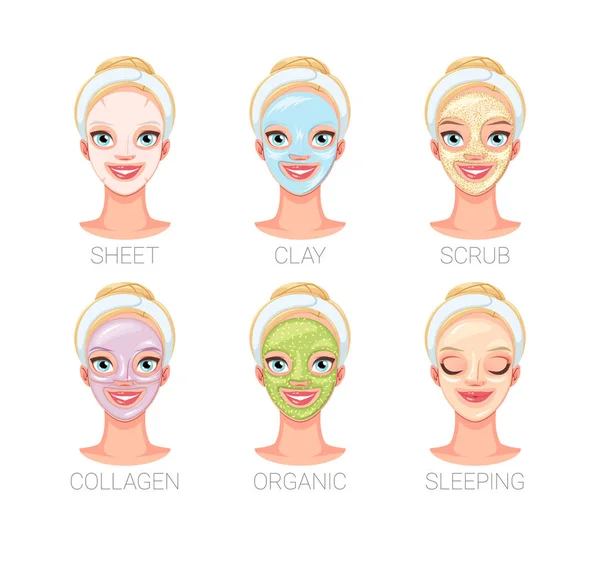 Femme avec différents types de masque facial de soins de la peau. Ensemble d'illustrations vectorielles . — Image vectorielle