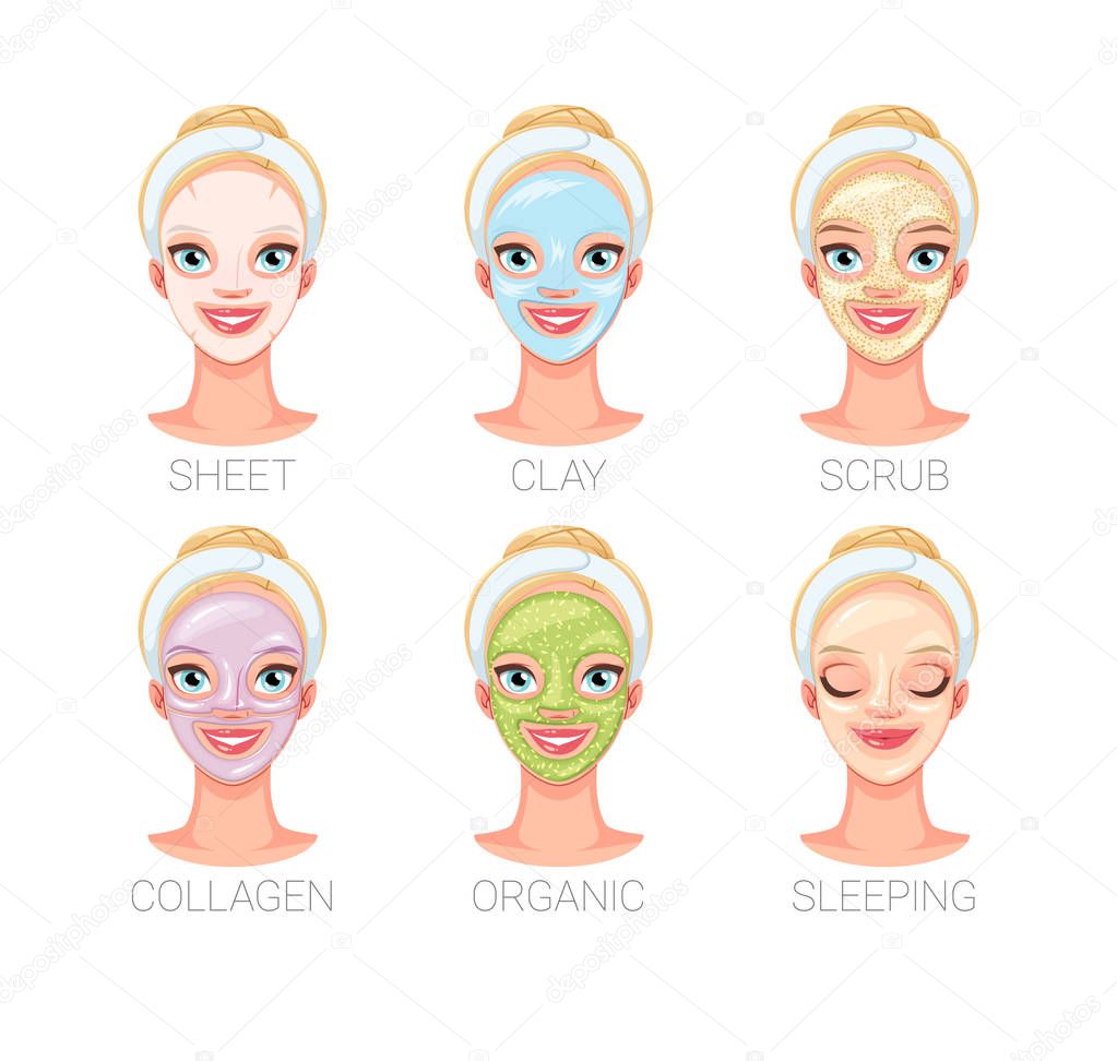 Woman with different skin care facial mask types. Set of vector illustrations.