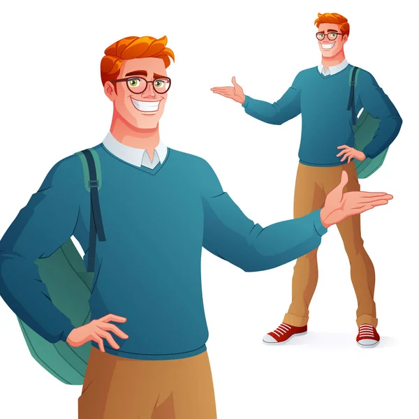 Souriant Jeune Rousse Étudiant Collège Dans Des Lunettes Présentation Illustration — Image vectorielle