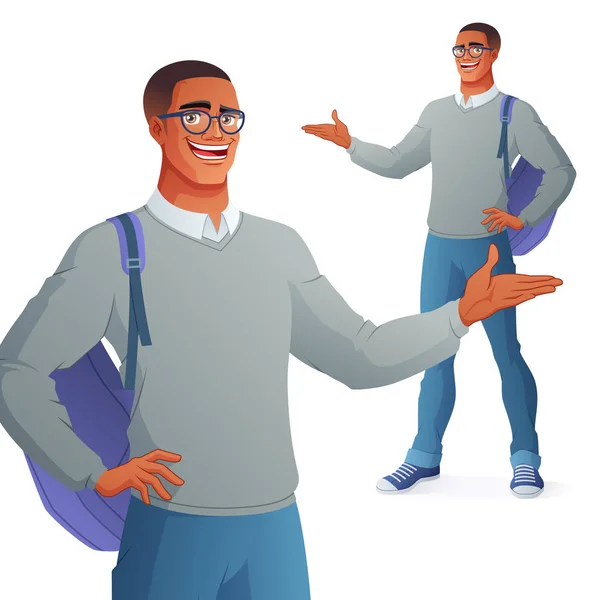 Studente universitario sorridente in occhiali che presenta. Illustrazione del vettore isolato . — Vettoriale Stock