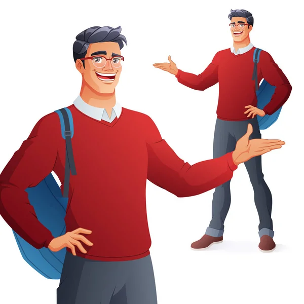 Happy college student in glasses presenting. Isolated vector illustration. — Stock Vector