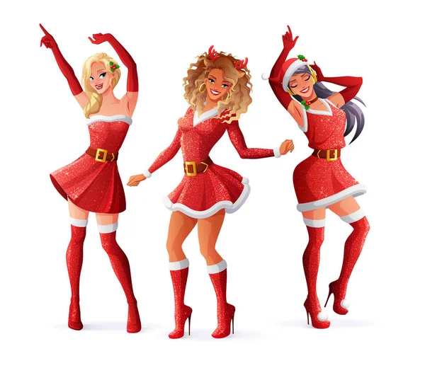 Vrouwen die dansen in Christmas Santa outfits. Geïsoleerde vectorillustratie. — Stockvector