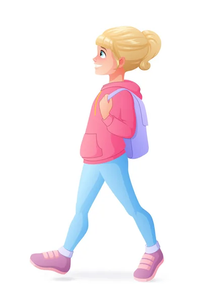 Menina jovem andando com mochila. Ilustração vetorial isolada . — Vetor de Stock