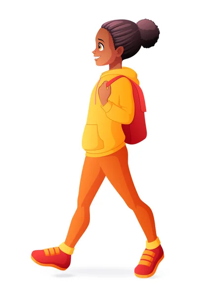 Chica joven caminando con mochila. Ilustración vectorial aislada . — Vector de stock