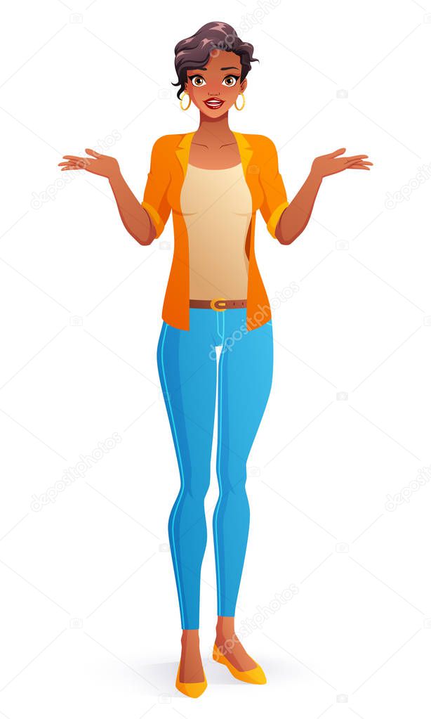 Questioning young Afican woman shrugging shoulders. Isolated vector illustration.