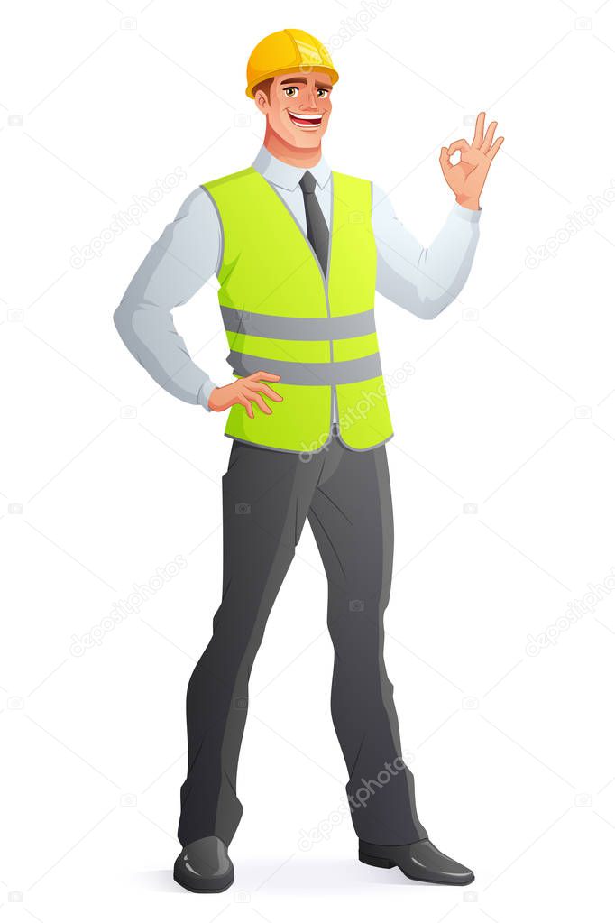 Smiling engineer in vest showing OK sign. Vector illustration.