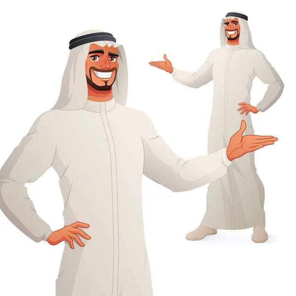 Арабский бизнесмен представляет. Изолированная векторная иллюстрация . — стоковый вектор