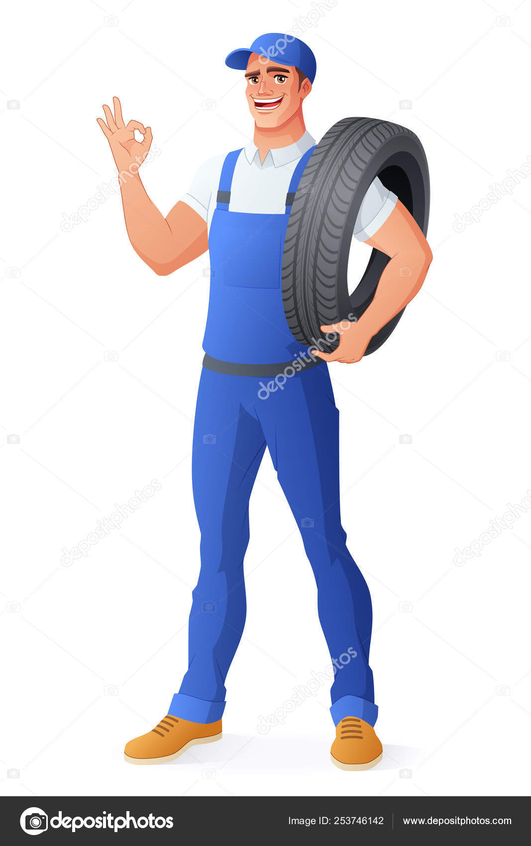 Auto mechanic car service man holding tire. Vector illustration. Stock Vector Image by ©musillustrations #253746142 Auto mechanic car service man holding tire. Vector illustration. Stock Vector Image by ©musillustrations #253746142
