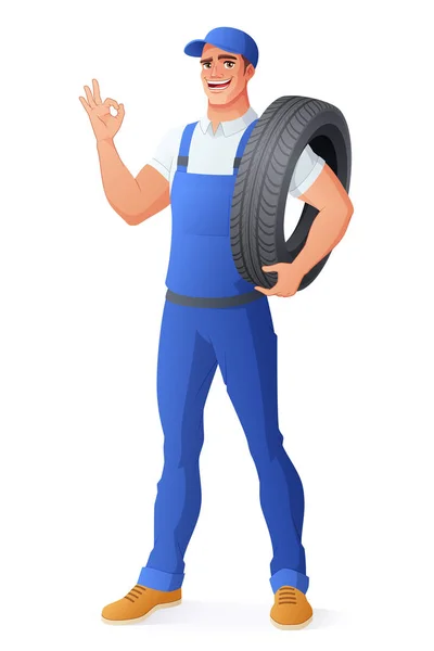 Auto mechanic car service man holding tire. Vector illustration. — Stock Vector