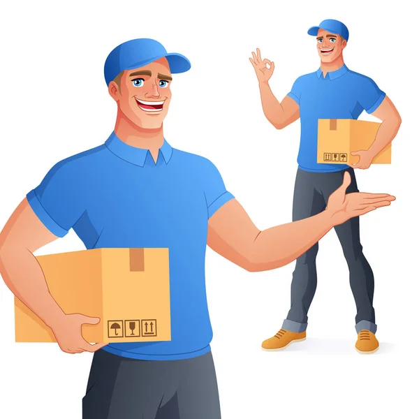 Courier delivery service man holding box showing OK. Vector illustration. — Stock Vector