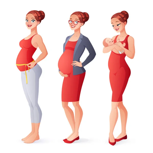 Expectant woman measuring belly, working pregnant businesswoman, mother with newborn. Pregnancy vector illustration. — Stock Vector