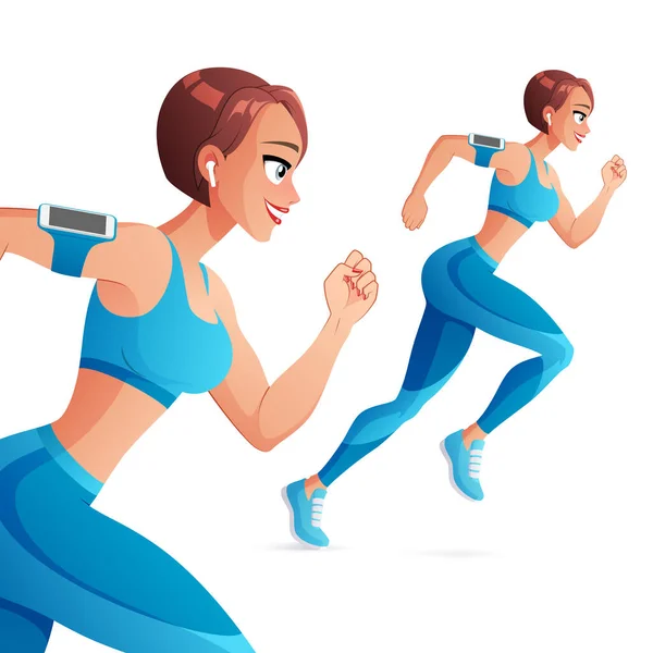 Mujer atlética corriendo con auriculares. Ilustración vectorial . — Vector de stock