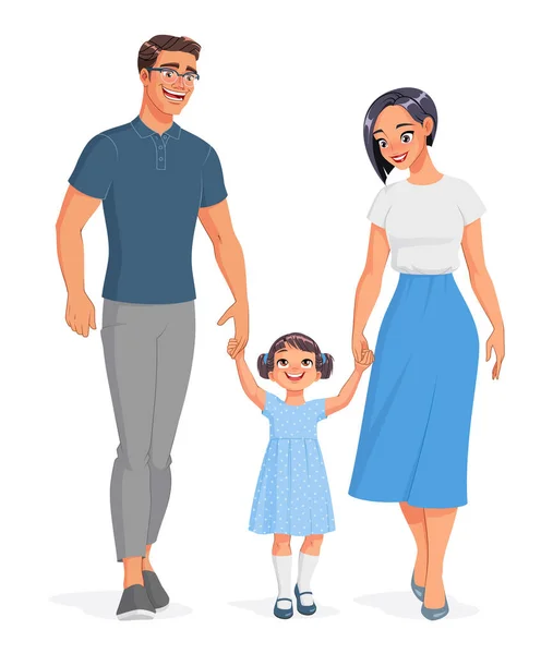 Happy Asian family holding hands and walking. Isolated vector illustration. — Stock Vector