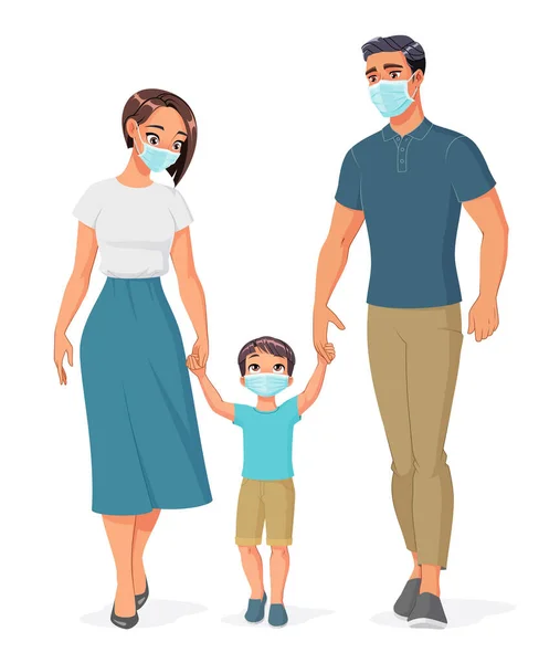 Famille dans des masques médicaux protecteurs tenant la main et marchant. Illustration vectorielle. — Image vectorielle