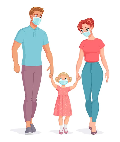 Family wearing masks to protect from Covid-19. Vector illustration. — Stock Vector